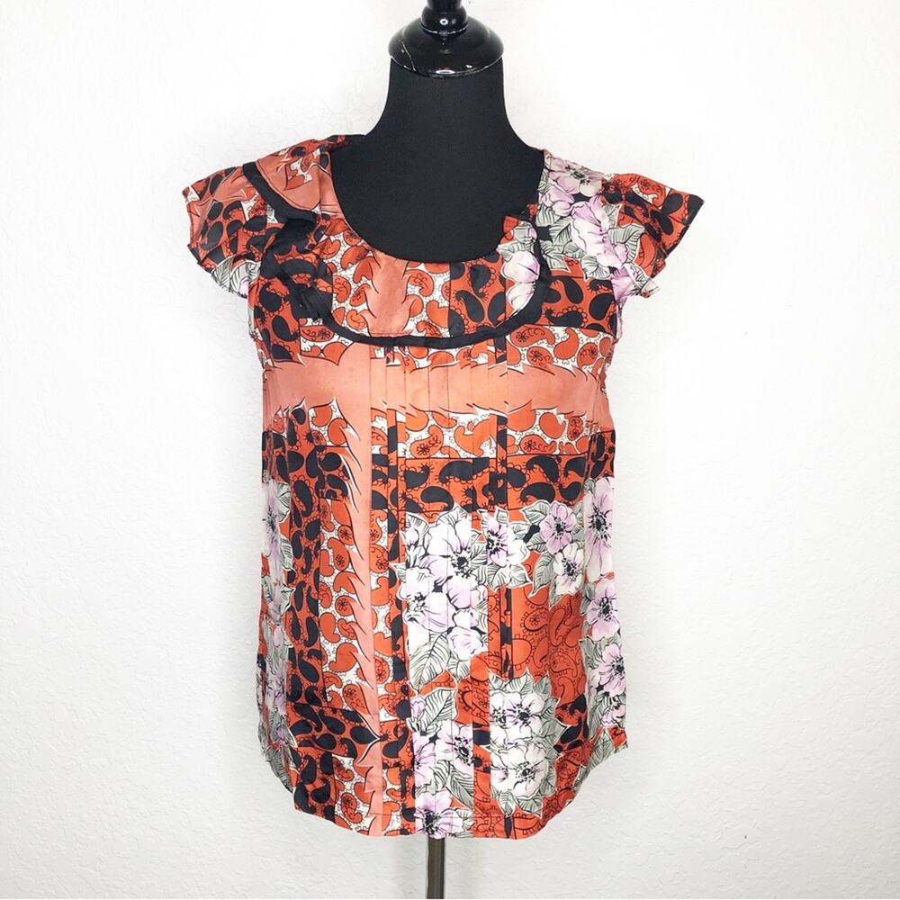 Anthropologie Odille black and orange floral ruffle trim silk top size 4